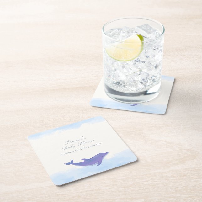 Blue Minimalist Boho Ocean Dolphin Baby Shower Square Paper Coaster (Insitu)