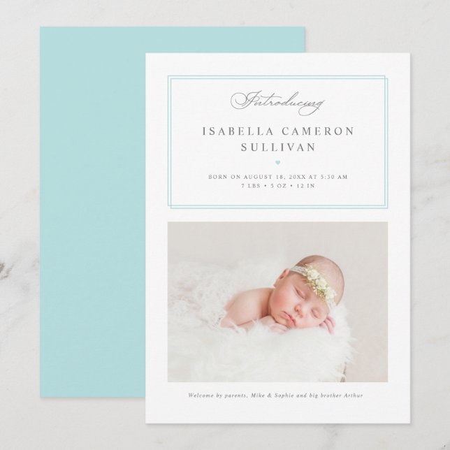 Blue Minimalist Borders Script Photo Baby Birth Announcement (Front/Back)