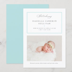 Blue Minimalist Borders Script Photo Baby Birth Announcement