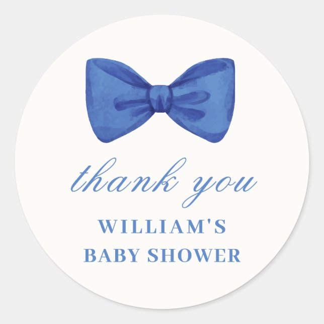 Blue Minimalist Bow Boy Baby Shower Thank You Classic Round Sticker (Front)