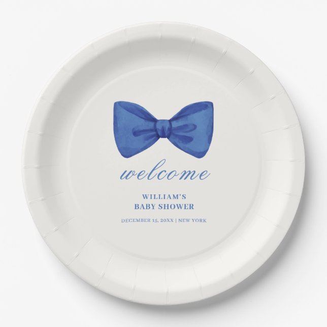 Blue Minimalist Bow Boy Baby Shower Welcome  Paper Plate (Front)