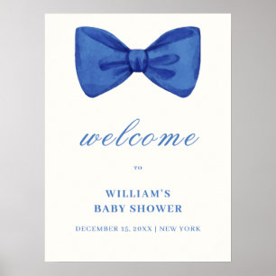 Blue Minimalist Bow Boy Baby Shower Welcome Poster
