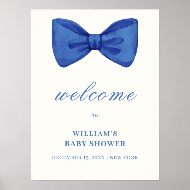 Blue Minimalist Bow Boy Baby Shower Welcome  Poster (Front)