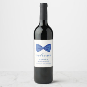Blue Minimalist Bow Boy Baby Shower Welcome Wine Label