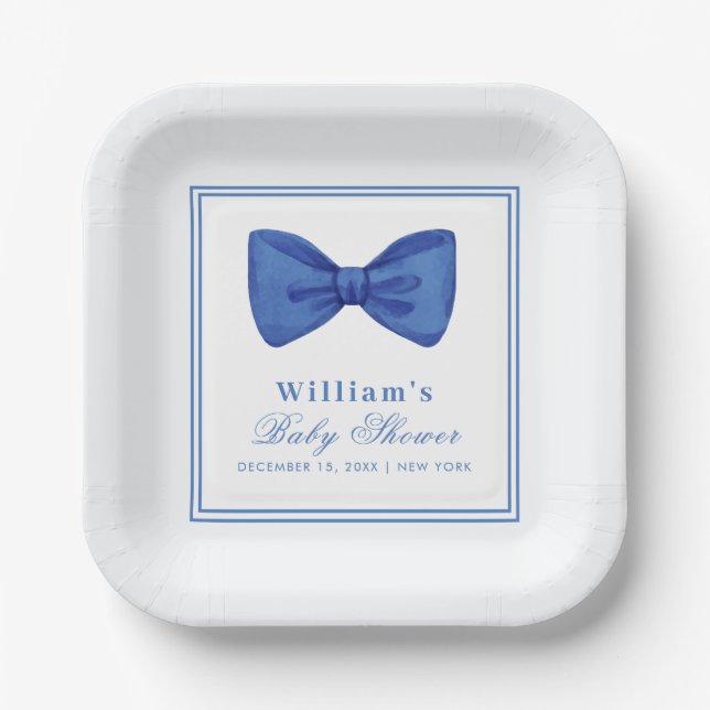 Blue Minimalist Bow Frame Baby Shower  Paper Plate (Front)