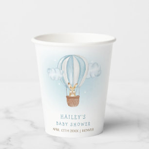 Blue Minimalist Bunny Hot Air Balloon Baby Shower Paper Cups