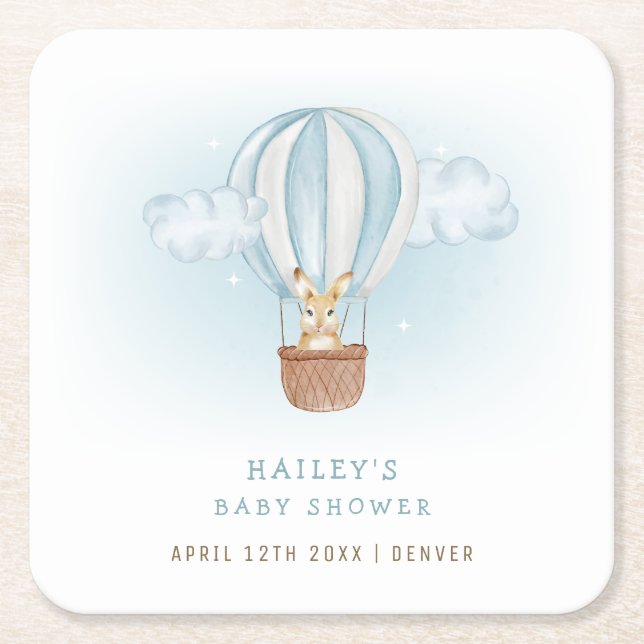 Blue Minimalist Bunny Hot Air Balloon Baby Shower  Square Paper Coaster (Front)