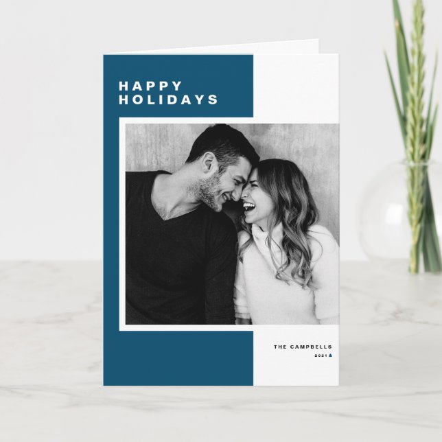 Blue Minimalist Colour Block Happy Holidays Photo Holiday Card (Front)