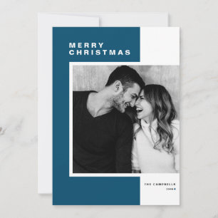Blue Minimalist Colour Block Merry Christmas Photo Holiday Card