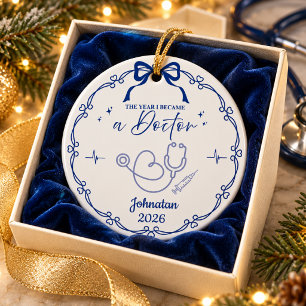 Blue Minimalist Doctor Christmas Custom Name Year Ceramic Tree Decoration