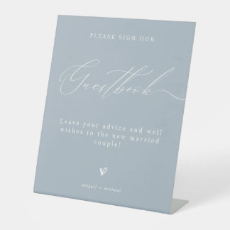 Blue Minimalist Elegant Script Wedding Guestbook Pedestal Sign