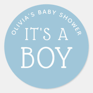 Blue Minimalist Favour Label. Its a Boy Baby Showe Classic Round Sticker