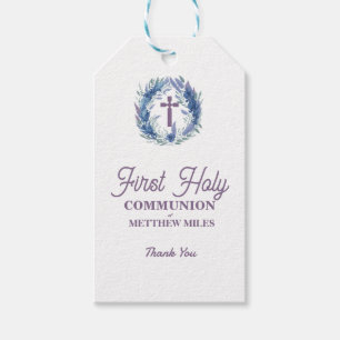 Blue Minimalist floral first catholic communion Gift Tags