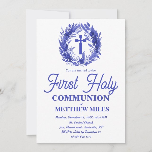 Blue Minimalist floral first catholic communion Invitation (Front)