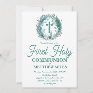 Blue Minimalist floral first catholic communion Invitation