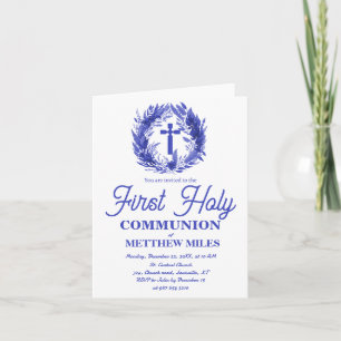 Blue Minimalist floral first catholic communion Invitation