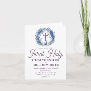 Blue Minimalist floral first catholic communion Invitation