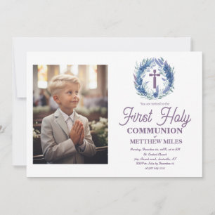 Blue Minimalist floral first catholic communion Invitation