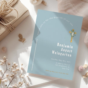 Blue Minimalist Floral Gold Cross Baptism  Invitation