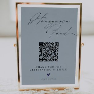 Blue Minimalist Honeymoon Fund Sign with QR Code
