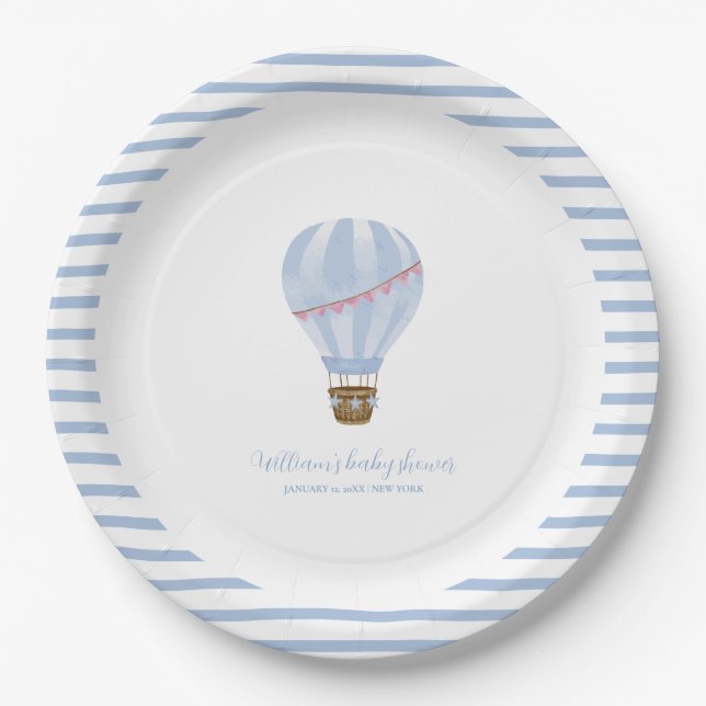 Blue Minimalist Hot Air Balloon Boy Baby Shower Paper Plate (Front)