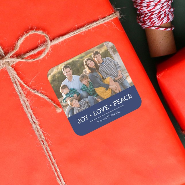 Blue Minimalist Joy Love Peace Holiday Photo Square Sticker (Creator Uploaded)