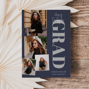 Blue Minimalist Modern Vertical 5 Pic Graduation Invitation