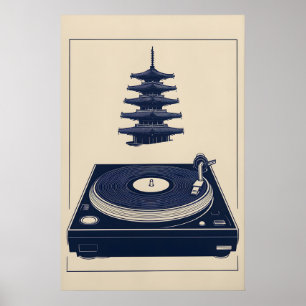 Blue Minimalist Music Art Vintage Turntable Poster