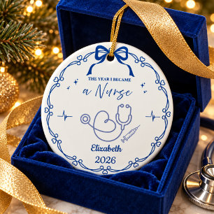 Blue Minimalist Nurse Christmas Custom Name Year Ceramic Tree Decoration