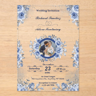 Blue Minimalist Photo acrylic wedding invitations