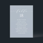 Blue Minimalist Script Seating Plan Table Number<br><div class="desc">Add a touch of charm to your event with our customisable table seating cards, designed with delightful whimsical script. Perfect for weddings, parties, or any special gathering, these cards will help guide your guests to their seats in style. Customise each dusty blue table seating card with guest names and table...</div>