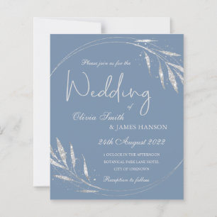 Blue minimalist silver foliage wedding invitation