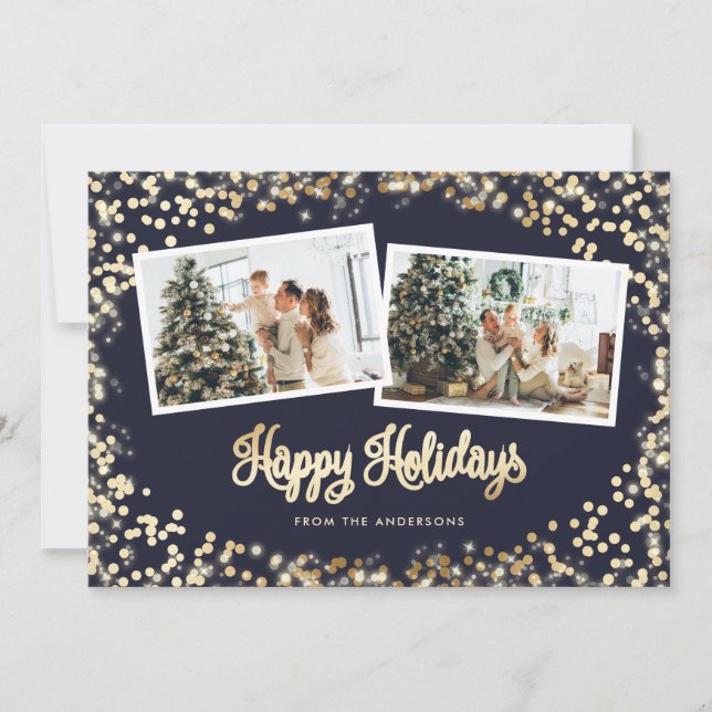 Blue Minimalist Stars Twinkle Lights Photo Holiday Card (Front)