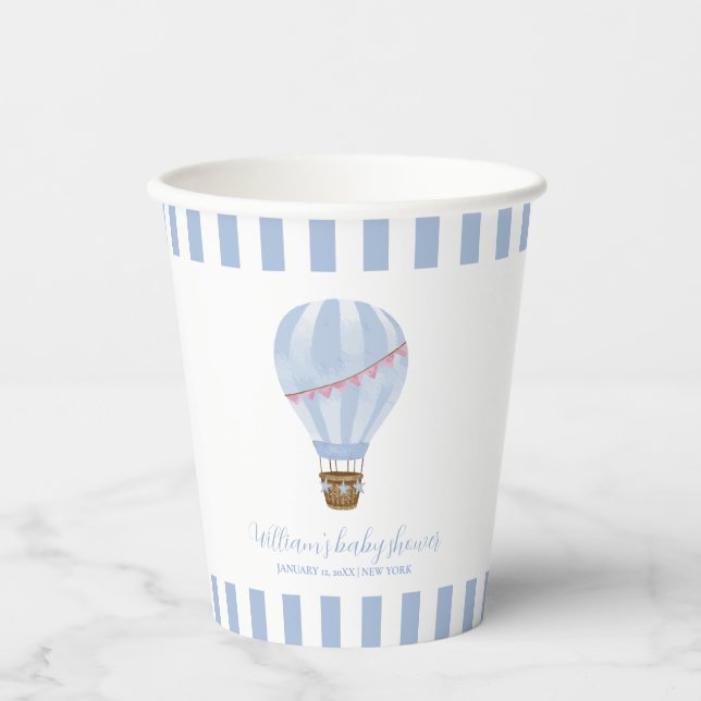 Blue Minimalist Stripe Hot Air Balloon Baby Shower Paper Cups (Front)