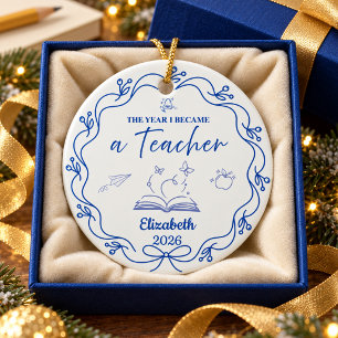 Blue Minimalist Teacher Christmas Custom Name Year Ceramic Tree Decoration