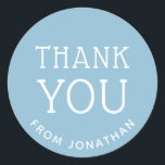 Blue Minimalist Thank You | Baby or Kids Birthday Classic Round Sticker<br><div class="desc">Add a sweet personal touch to your party favours with this custom thank you sticker featuring a soft blue background and white text. Perfect for baby or kids’ birthday celebrations, these round stickers are ideal for sealing treat bags, boxes, or envelopes. They bring a clean, modern finish to your party...</div>