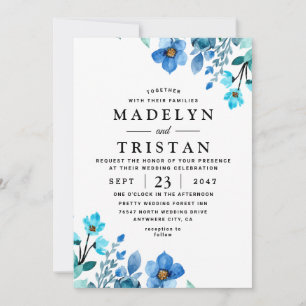 Blue Minimalist Watercolor Wedding Invitation