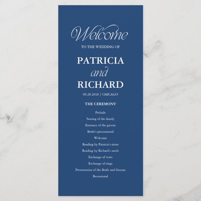 Blue Minimalist Wedding Order of Service Program Programme (Front)