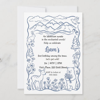 Blue Minimalist Woodland Forest Animal Birthday Invitation