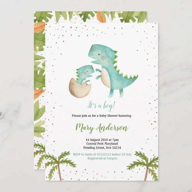 Blue Mint Boy Dinosaur Baby Shower Invitation (Front/Back)