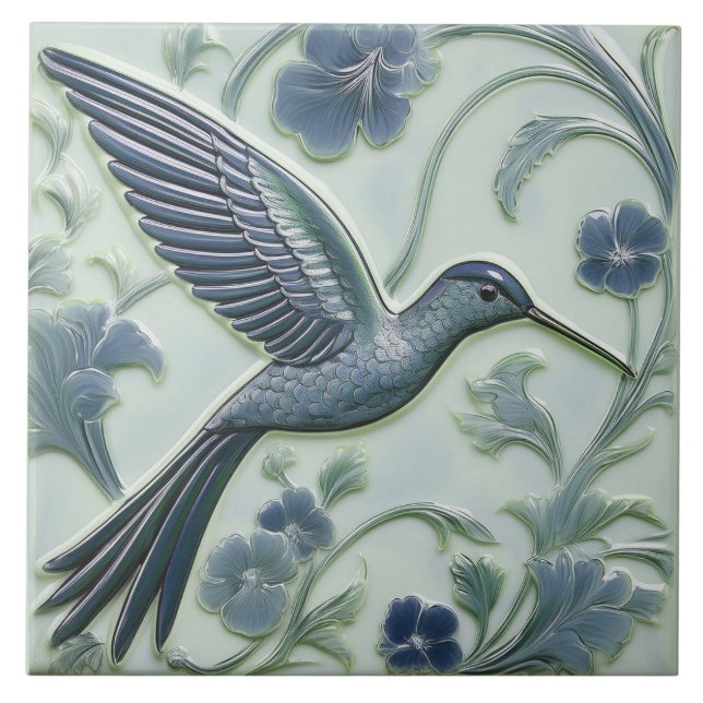 Blue & mint faux relief Art Nouveau Hummingbird R Tile (Front)