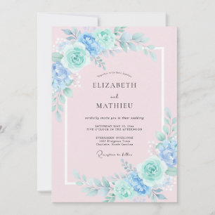 Blue Mint Floral Artistic Wedding Invitation