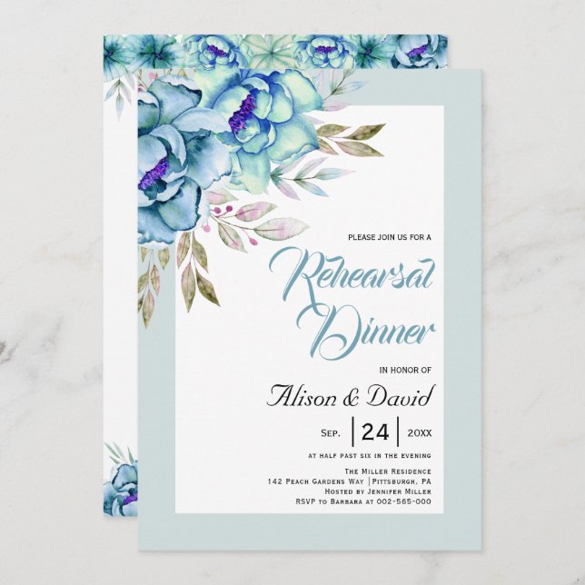 Blue, mint green flowers wedding rehearsal dinner invitation (Front/Back)