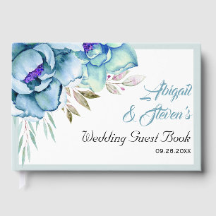 Blue, mint green watercolor flowers floral wedding guest book