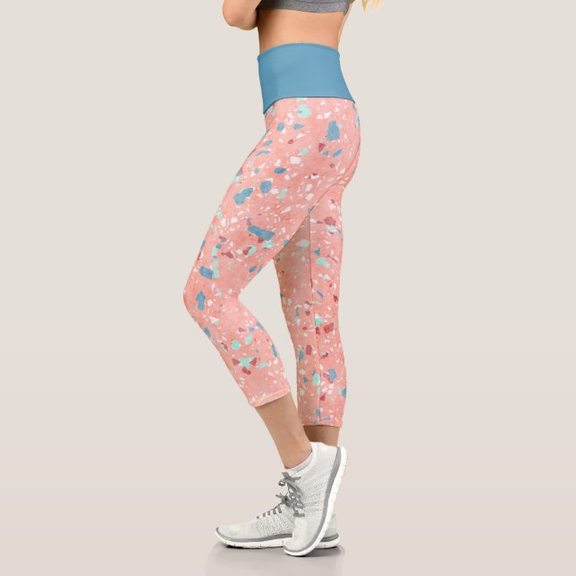 Blue Mint Green White Coral Red Pink Terrazzo Art Capri Leggings (Left)