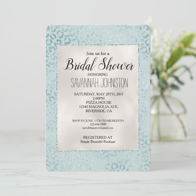 Blue Mint Leopard Print Glitter Invitation (Standing Front)