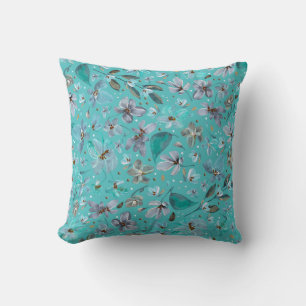 Blue Mint Magic Watercolor Boho Floral Cushion