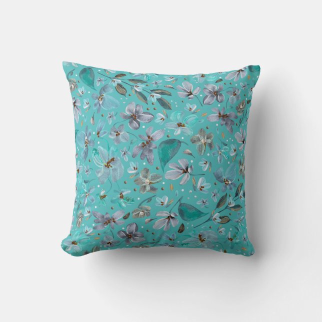 Blue Mint Magic Watercolor Boho Floral Cushion (Front)