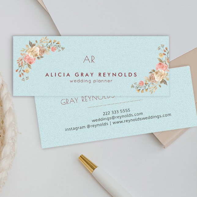 Blue Mint Monogram Chic Floral Wedding Planner Mini Business Card (Creator Uploaded)