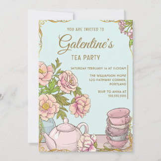 Blue Mint Vintage Floral Galentine's Day Tea Party Invitation